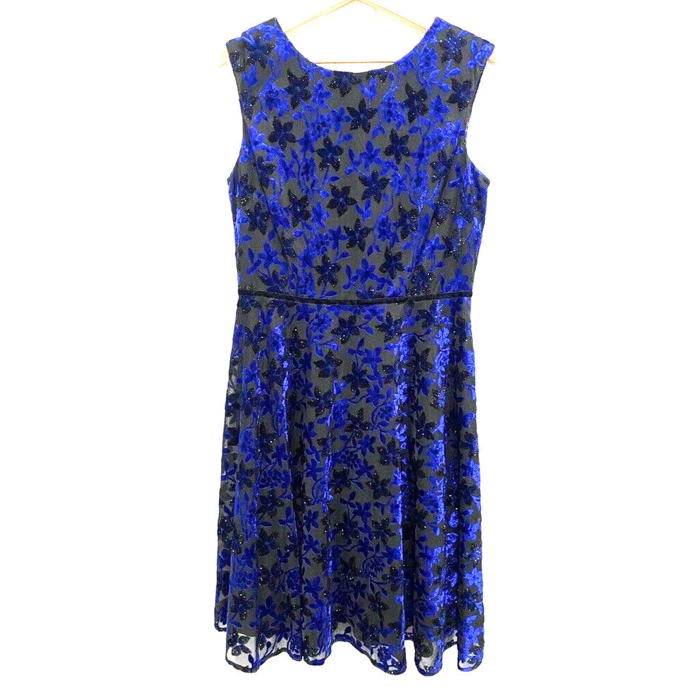 Tahari - Black sheer lined floral velvet blue accented dress women's size 12
